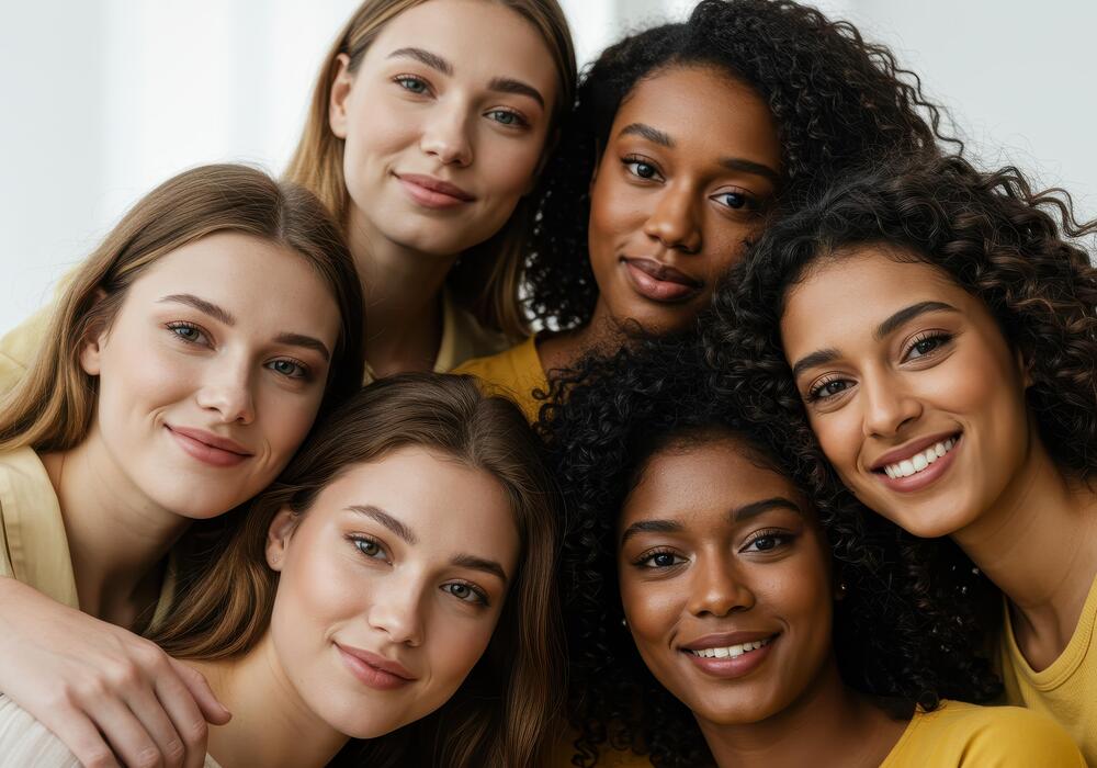 A diverse circle of women embracing in warm golden light